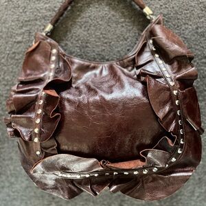 Susan Farber London Sicily Brown Leather Ruffle Stud Shoulder Bag Boho Hobo